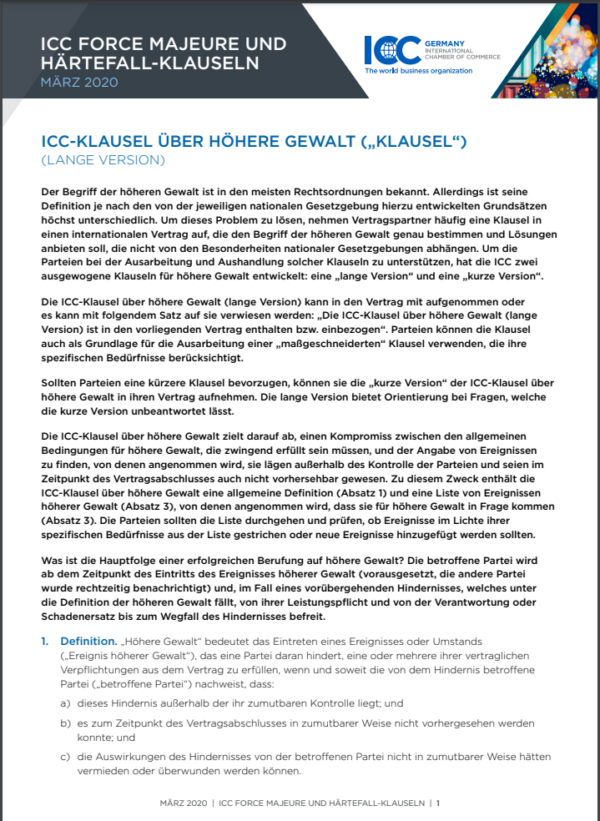 ICC Force Majeure und Härtefall-Klauseln